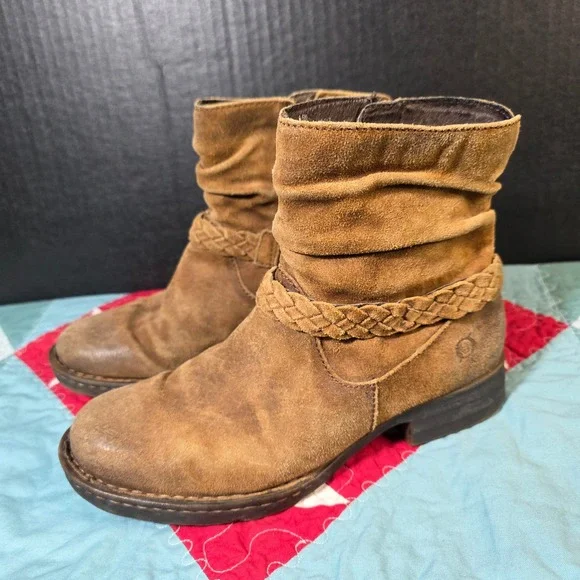 Born‎ Suede Ankle Boots Womens 6.5M Tan Brown Slouchy Distressed Braided Strap