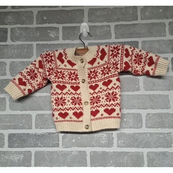 H&M‎ Kids Light Beige/Patterned Fair Isle Heart Print Knit Cardigan Size 9M