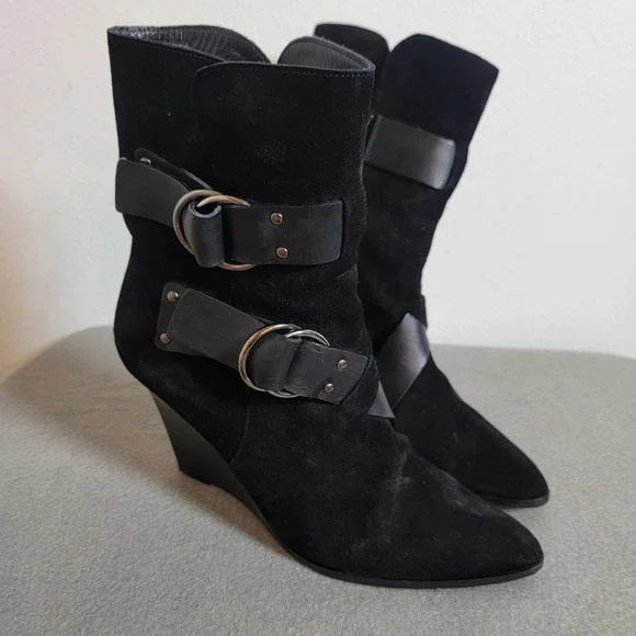 Givenchy Black Suede Leather Buckle Wedge Ankle Boots Pointed Toe Italy EU 38.5