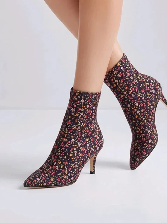 Zara black Floral ankle sock boots Pointed Toe slip on stretchy kitten heel 39 8
