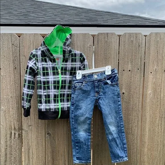 Take 50% OFF- Plaid Hoodie and Blue Jeans Set Boys, Size-3T