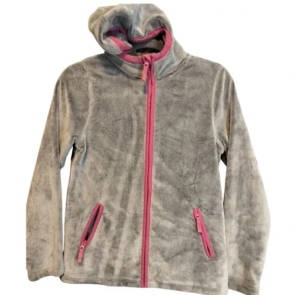 Lands End Girls Soft Fleece Zip‎ Up Hooded Gray &  Pink Jacket Size L 14