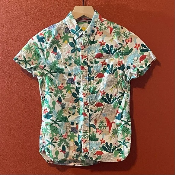 Boden Boy’s White Linen Blend Dino Print Button Down‎ Short Sleeve Shirt