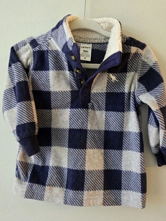 Carter's Navy and Gray Plaid Sherpa-Trim Pullover