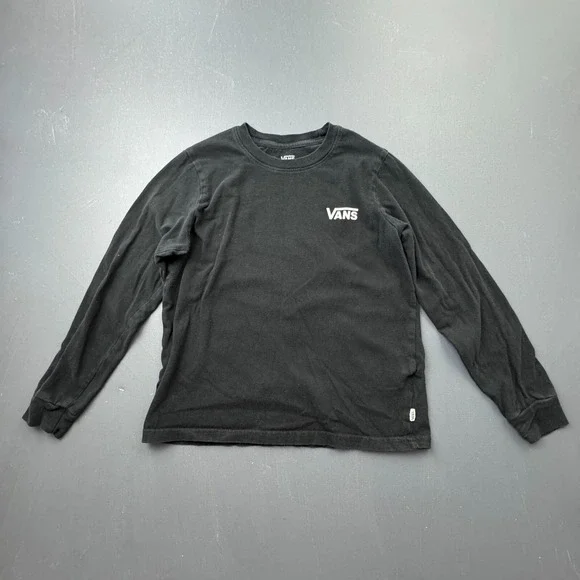 Vans T Shirt Boys Small 7-8 Black Long Sleeve Leopard Print Logo Skateboarding