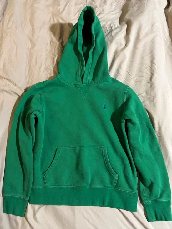 Polo Ralph Lauren Boys Kelly Green Fleece Pullover Hoodie Blue Pony Size L 14-16