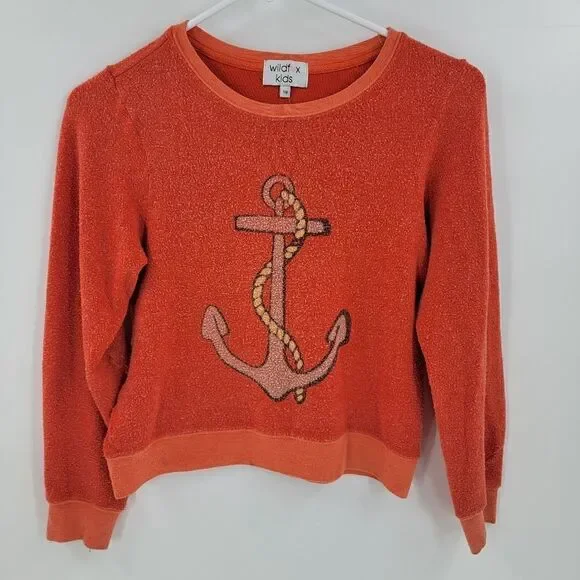 Wildfox kids anchor crew neck long sleeve orange shirt girls 7/8 medium