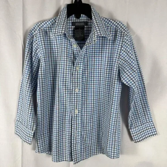 Kenneth Cole Reaction Boys Button Down Checked Plaid Dress Shirt Top Siz…