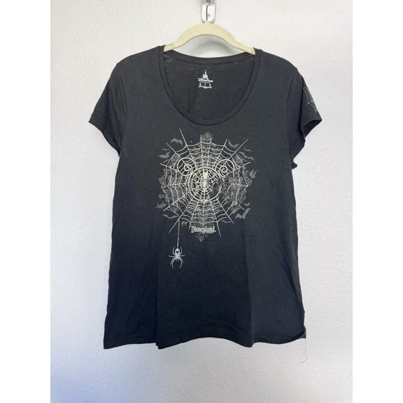Disney Parks Rhinestone‎ Spiderweb Tee Black Halloween Gothic T-Shirt Women's L