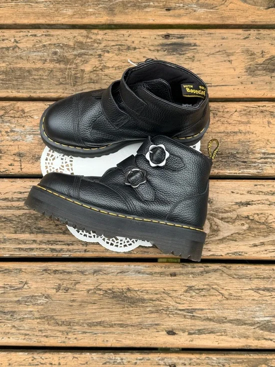Dr. Martens Black Leather Buckle Ankle Boots with Yellow Tag