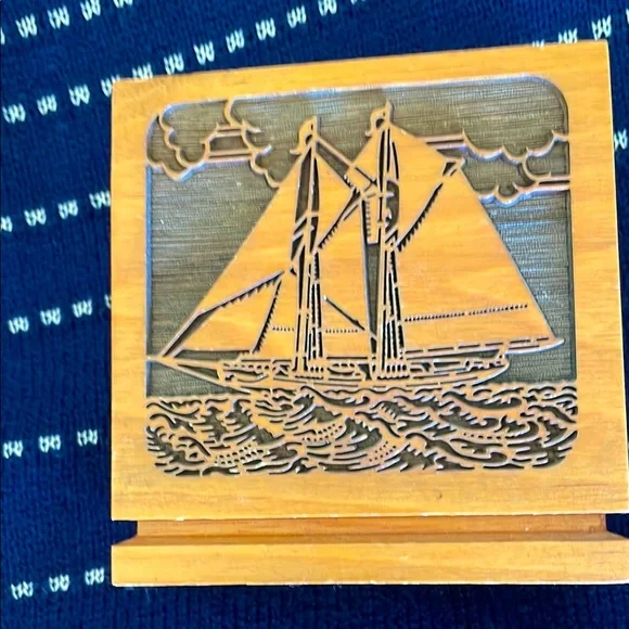 Wood carved Pencil Holder with Ship Motif