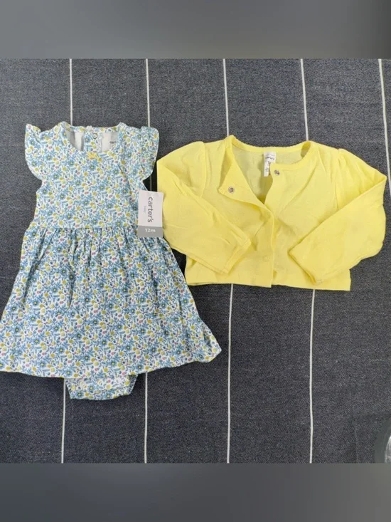 Kids—Carter's Yellow Cardigan with Blue & White Floral Dress