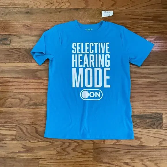 NWT Childrens Place Kids XL 14 16 Selective Hearing Graphic Tee Turquoise