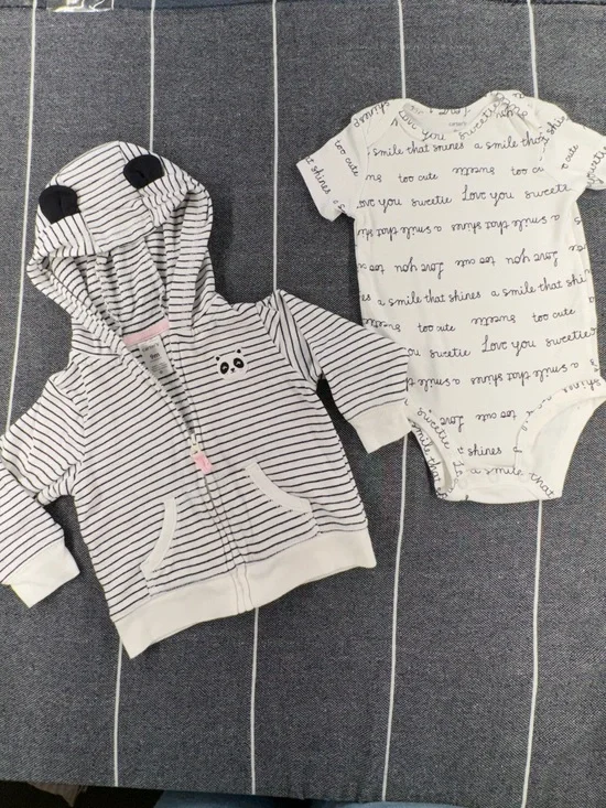Kids—Carter's White and Black Striped Hoodie & White Script One-Piece Set
