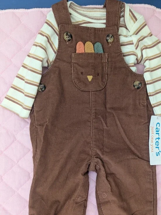 Carter's Brown Corduroy Overalls with Striped Cream Shirt