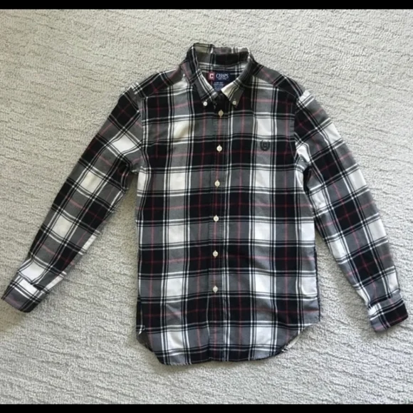 Chaps Plaid Button Down Long Sleeve Collared Shirt Black White Red Boys Small 8