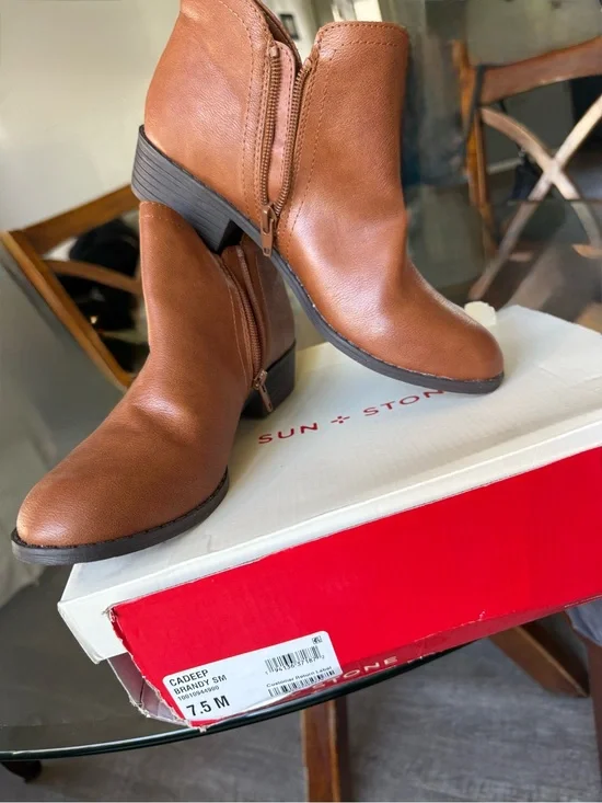 Sun + Stone Tan Leather-Look Ankle Booties with Side Zipper