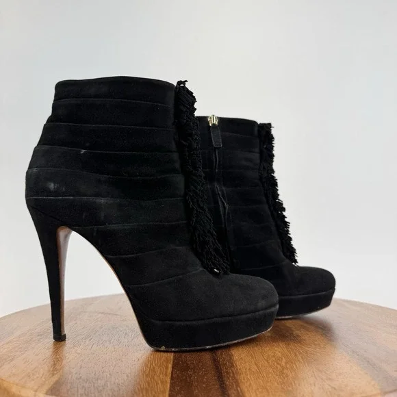 Womens Gucci Black‎ Suede Fringe Trim Platform Heeled Ankle Boots Size EU 37.5