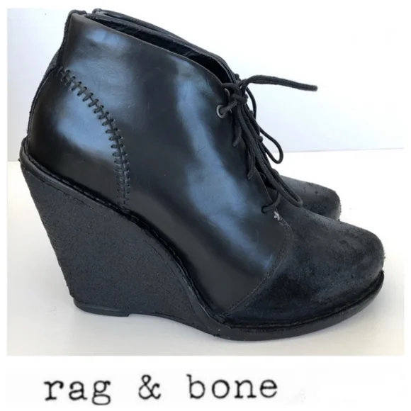 Rag & Bone Wedge Booties Odval Desert Black Leather Distressed Suede 8