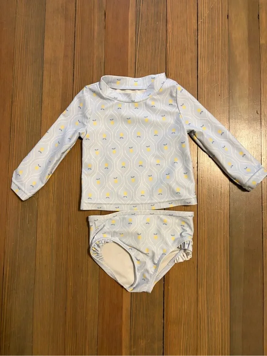 Kids Long-Sleeve Rash Guard Swim Set - Light Blue with Yellow Print size 9 no