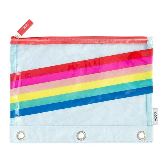 New Yoobi Binder Clear Pencil Case Holder Pouch Rainbow Aqua Blue stationery