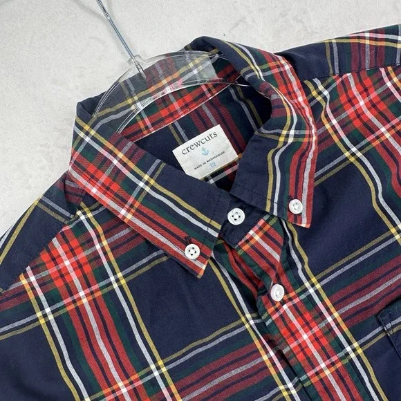 Crewcuts J Crew Button‎ Down Shirt Boys Size 12 Navy Blue Plaid Long Sleeve