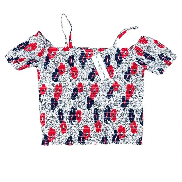 Janie and Jack‎ Girls Size 18 Red Navy Floral Smocked Off Shoulder Top NWT beach