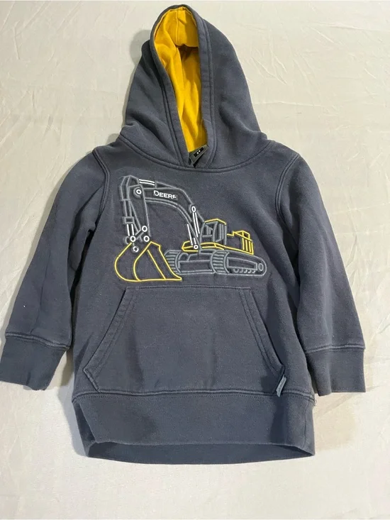 John Deere Dark Blue Hoodie with Yellow Hood Lining and Excavator Patch Size 2T
