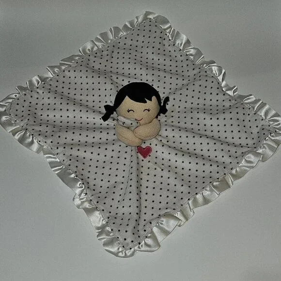 Carter's Baby Girl Doll Rattle Lovey Plush Black White Polka Dots Pink Heart
