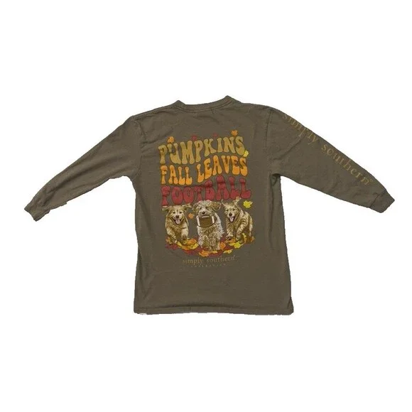 Simply Southern Pumpkins Fall Leaves Football Long Sleeve Brown Youth Small