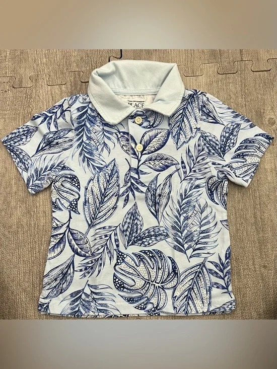 The Children's Place Boys 3T Blue White Tropical Floral Collared Polo Shirt