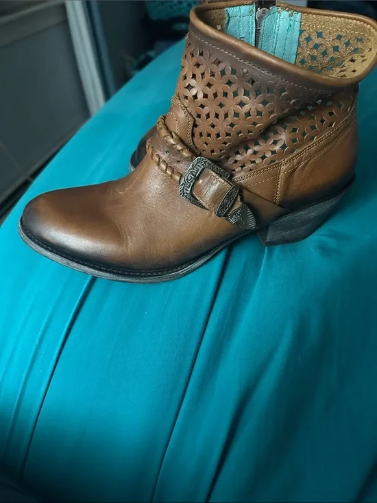 Women's Perforated Leather Ankle Boot with Decorative Buckle - Brown