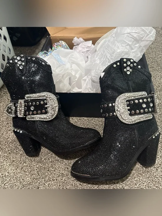 Black Sequin Western Buckle Ankle Boots