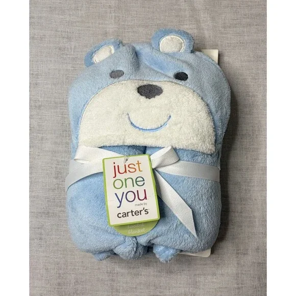 Carters Hooded Blanket 36”x36” Blue Bear Baby Boy Nursery Infant Shower Gift NWT