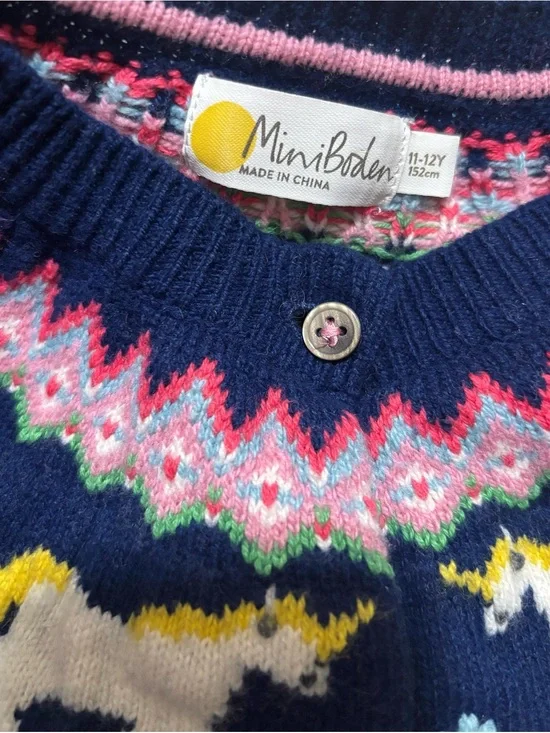 Mini Boden Navy Unicorn Yoke Cardigan with Pink & Light Blue Trim Size 11-12