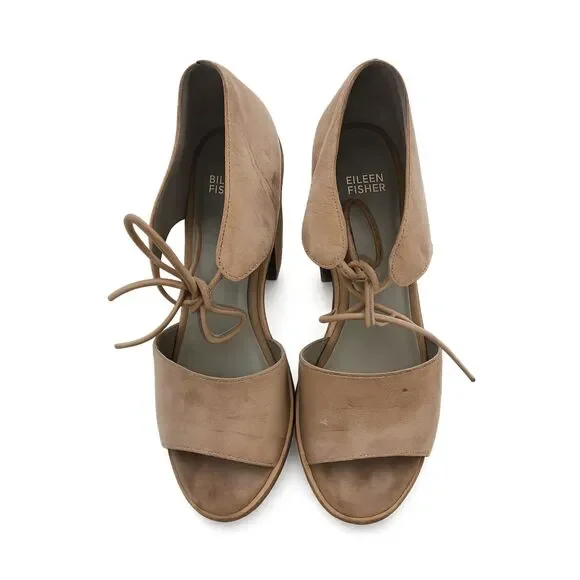 Eileen Fisher Tan Suede Block Heel Sandals Size 8.5 Lace  Open-Toe Comfort