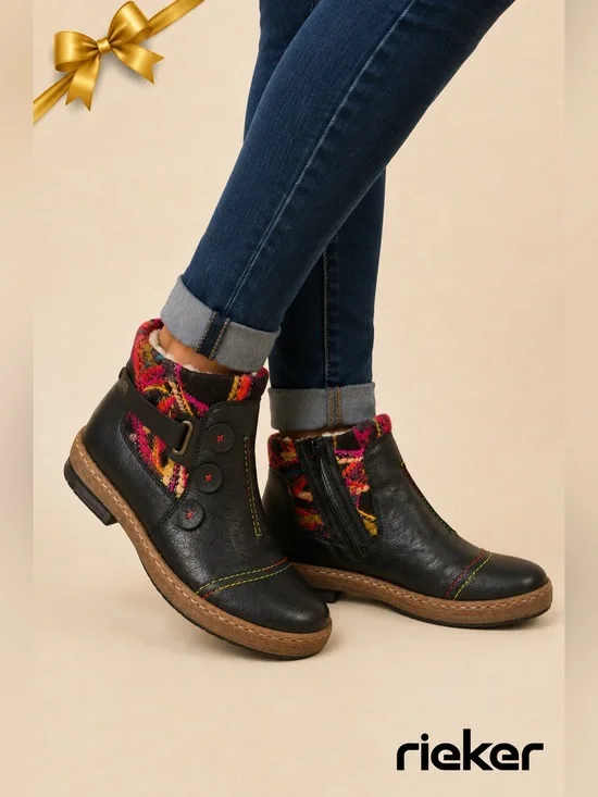 Rieker Black Leather Ankle Boots Faux Fur Lined Colorful Stitching US 11 NWT