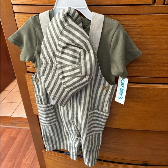 Carter's Green and Tan Striped Overall Outfit with bucket hat