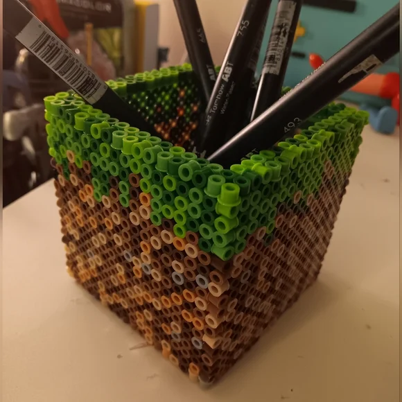 Minecraft Grass Block Pencil Holder- Perler Bead Pen Cup