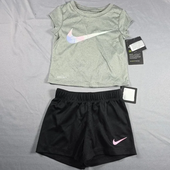 Nike Dri-Fit Little Girl's  2-Piece Graphic Tee & Short Set Gray Black 2T