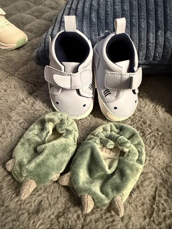 Bundle of 2- Dino slippers NB and 0-3 Baby Blue Velcro Shark Shoes