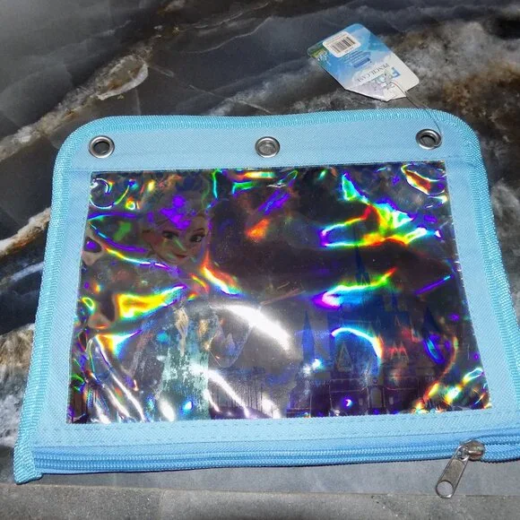 FROZEN BLUE ELSA ZIPPERED SCHOOL PENCIL 3 RING POUCH CASE NEW