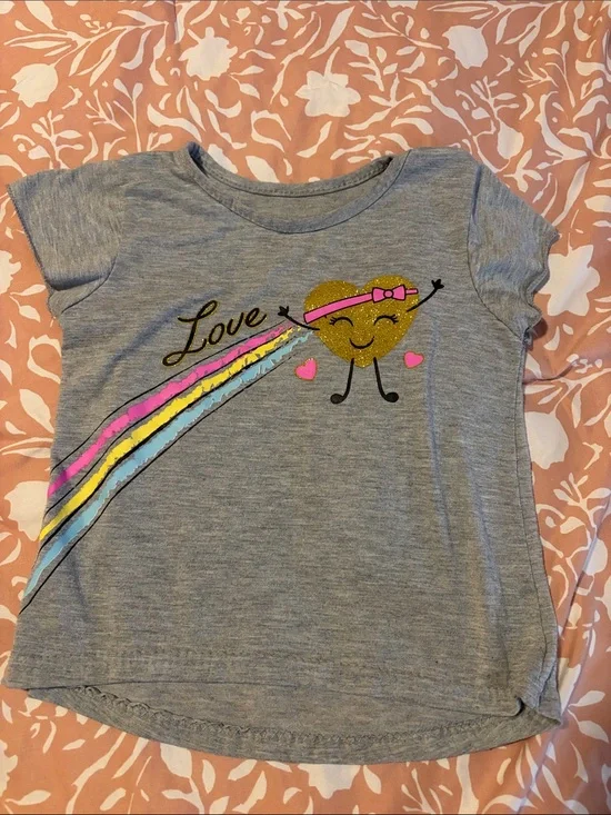Source Unknown Grey Kids' Tee with Gold Glitter Heart and Rainbow Stripes