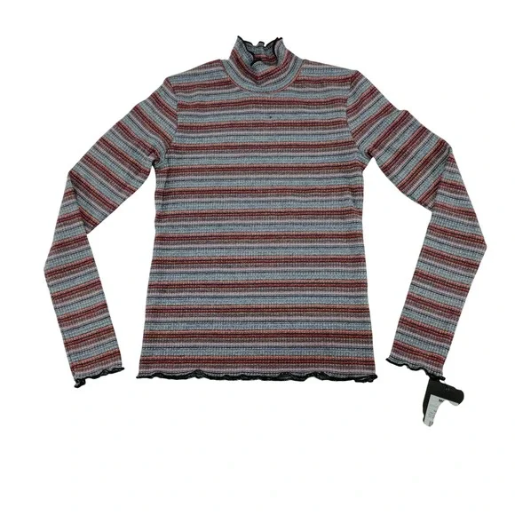 Art Class Striped Mock Neck Long Sleeve Top Girls Size‎ M 7 8 Red Gray Metallic