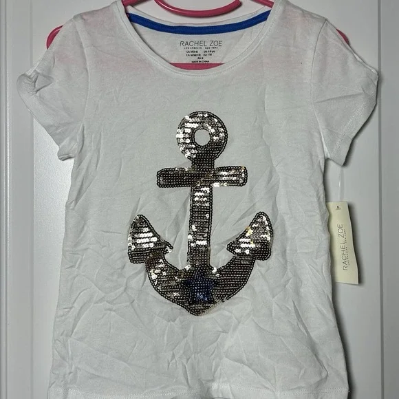 Rachel‎ Zoe Girls' White Sequin Anchor Nautical Graphic Cut Out Shoulder T-Shirt