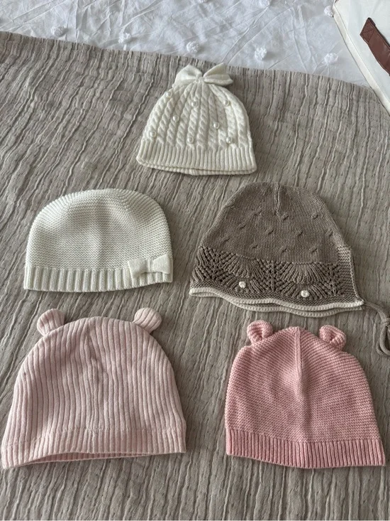 Carter's Soft Knit Baby Hat Set in Cream, Pink & Brown - 5 Pack