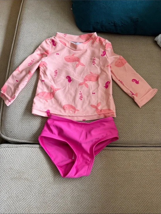 Carter's Pink Whale Print Rashguard Swim Set with Magenta Bottoms