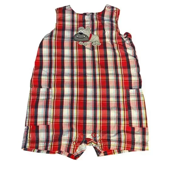 Carter's red blue plaid bulldog sleeveless‎ shorts boys romper SIZE 18M