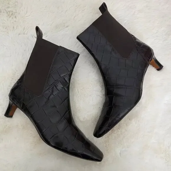 Madewell Dimes Coffee Bean Brown Croc Leather Chelsea Boot Kitten Heel Boots 8
