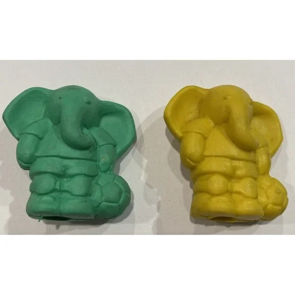 Vintage Diener Erasers- Yellow Green Elephant Soccer Ball Pencil Toppers 1985